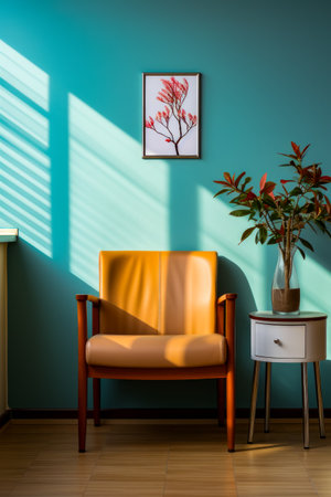 Chair next to table with potted plant on it. Generative AI.の素材