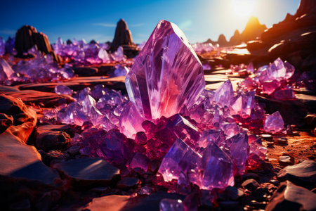 Cluster of purple crystals sitting on top of the beach. Generative AI.の素材