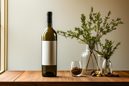 Bottle of wine sitting on top of wooden table. Generative AI.の素材
