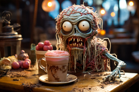 Cup of coffee with creepy face next to it. Generative AI.の素材