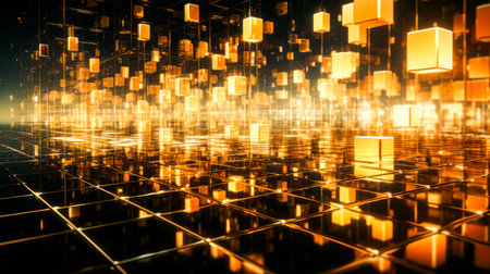 Room filled with lots of shiny cubes and lights. Generative AI.の素材