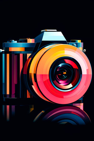 Digital camera with multicolored lens on black background. Generative AI.の素材