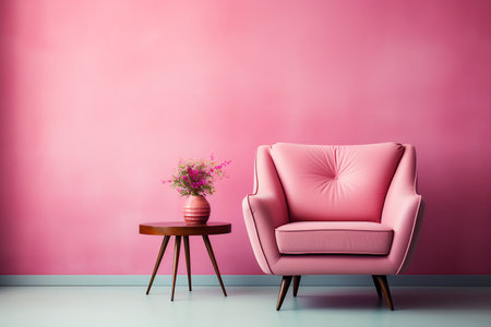 Pink chair next to table with vase of flowers on it. Generative AI.の素材