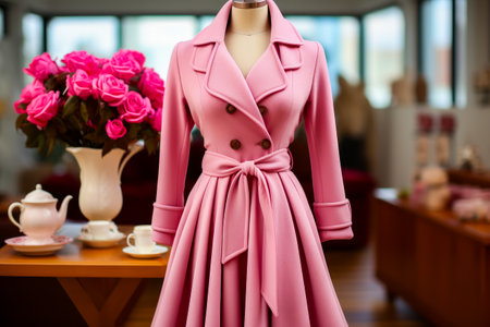 Mannequin dressed in pink coat and dress. Generative AI.の素材