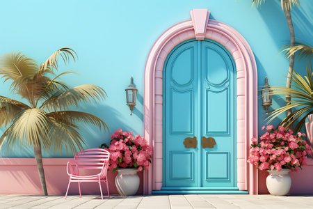 Blue door with pink chair and potted flowers. Generative AI.の素材