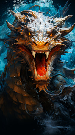 Close up of dragon's head with its mouth open. Generative AI.の素材