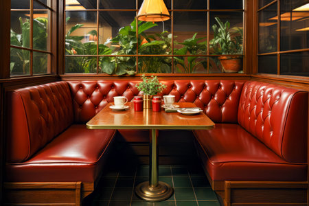 Booth with bench and table with two cups on it. Generative AI.の素材