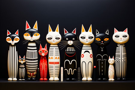 Group of cat figurines sitting on top of a shelf. Generative AI.の素材