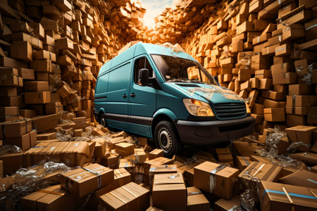 Blue van surrounded by boxes in tunnel of wood. Generative AI.の素材