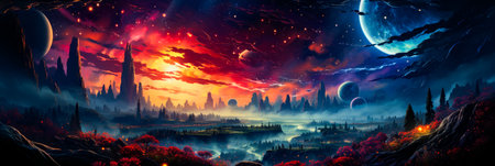 Image of fantasy landscape with city in the distance. Generative AI.の素材