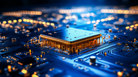Close up of computer board with building on it. Generative AI.の素材