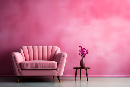 Pink couch sitting next to table with vase of flowers on it. Generative AI.の素材