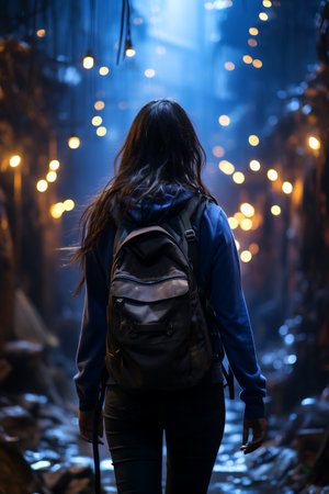 Woman with backpack is walking through dark alley. Generative AI.の素材