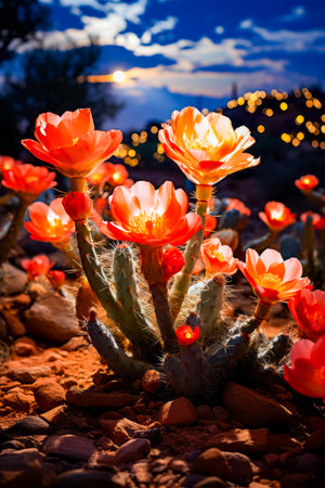 Cactus with bright orange flowers in desert area with lights in the background. Generative AI.の素材