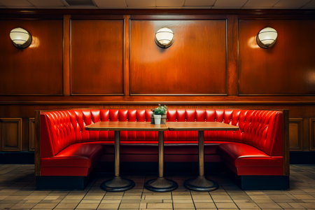 Booth with red leather booths and table with potted plant. Generative AI.の素材