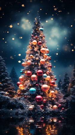 Christmas tree with lot of ornaments and lights on it. Generative AI.の素材
