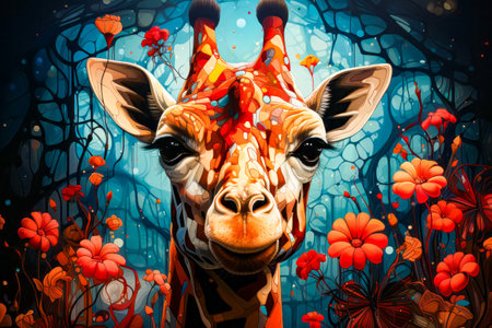 Image of giraffe's face surrounded by flowers. Generative AI.の素材