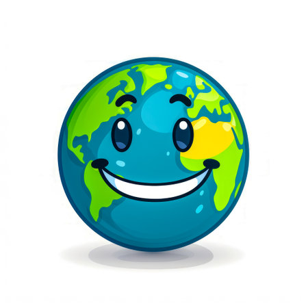 Blue and green earth with smile on it's face. Generative AI.の素材
