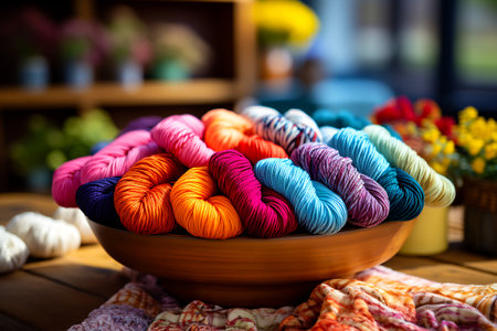 Bowl full of yarn sitting on top of table. Generative AI.の素材