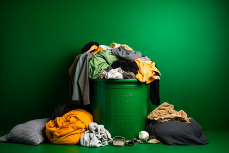 Green trash can filled with clothes on top of green floor. Generative AI.の素材