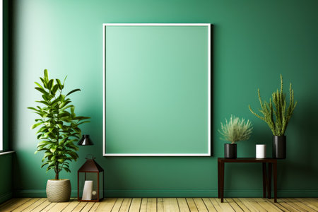 Living room with green wall and large mirror. Generative AI.の素材