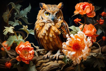 Image of owl sitting on branch surrounded by flowers. Generative AI.の素材
