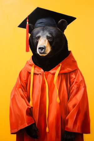 Image of bear wearing graduation cap and gown. Generative AI.の素材