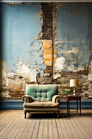 Chair sitting in front of wall with peeling paint. Generative AI.の素材