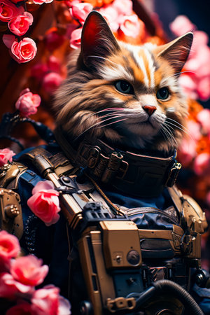 Close up of cat wearing costume with flowers in the background. Generative AI.の素材