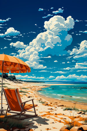 Image of beach scene with umbrella and chairs. Generative AI.の素材