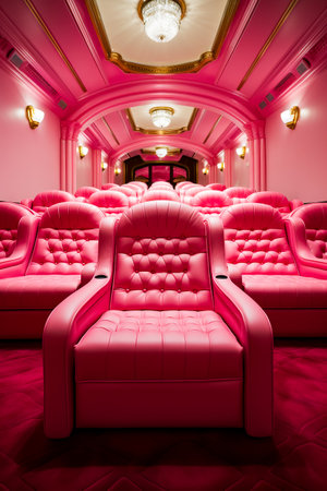 Room filled with lots of pink couches and chairs. Generative AI.の素材