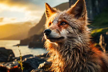 Close up of furry animal near body of water. Generative AI.の素材