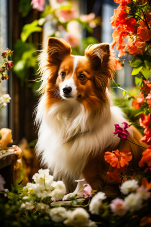 Brown and white dog standing next to bunch of flowers. Generative AI.の素材
