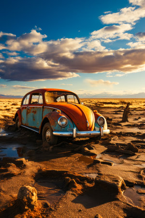 Rusted out car sitting in the middle of desert. Generative AI.の素材