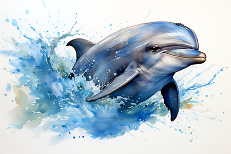 Image of dolphin jumping out of the blue water. Generative AI.の素材