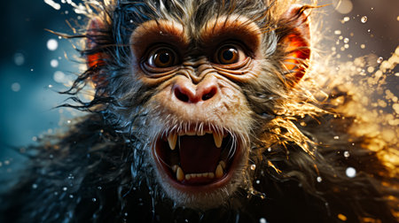 Close up of monkey's face with its mouth open. Generative AI.の素材