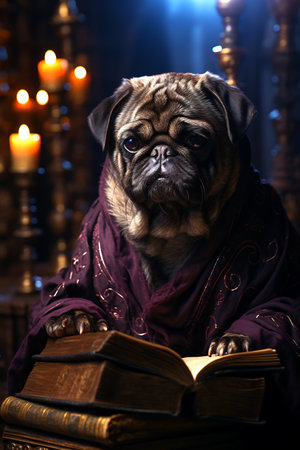 Pug dog wearing purple robe and reading book. Generative AI.の素材