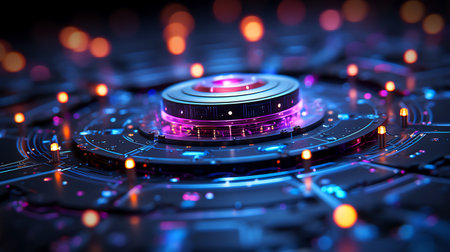 Close up of disc that is lit up with colored lights. Generative AI.の素材
