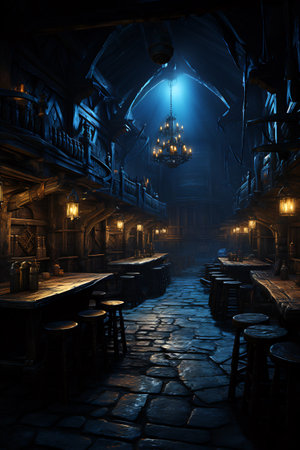 Dimly lit room with tables, stools and chandelier. Generative AI.の素材