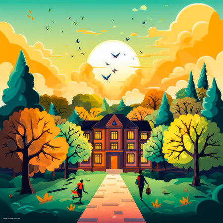 Image of people walking down path in front of house. Generative AI.の素材