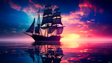 Sailboat floating in the ocean during beautiful sunset. Generative AI.の素材