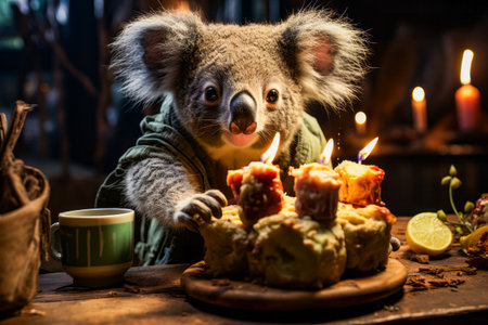 Small koala is sitting in front of a birthday cake. Generative AI.の素材