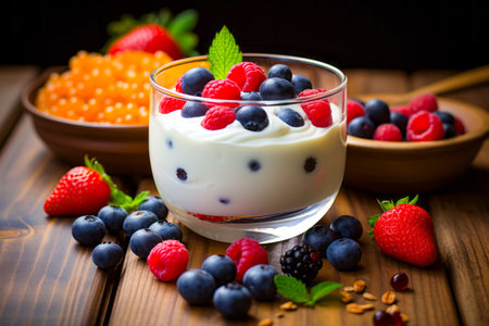 Bowl of yogurt and berries on table. Generative AI.の素材