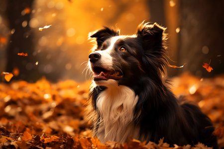 Black and white dog sitting in pile of leaves. Generative AI.の素材