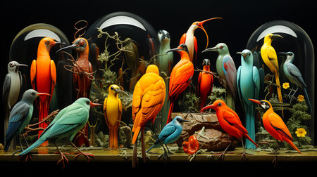 Group of colorful birds sitting on top of wooden table. Generative AI.の素材