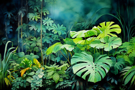 Image of lush green forest filled with lots of leaves. Generative AI.の素材