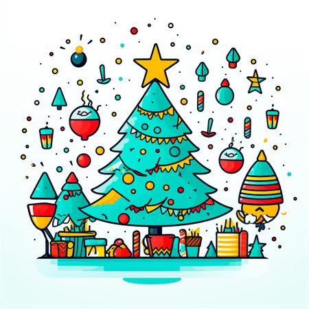 Drawing of christmas tree surrounded by other christmas decorations. Generative AI.の素材