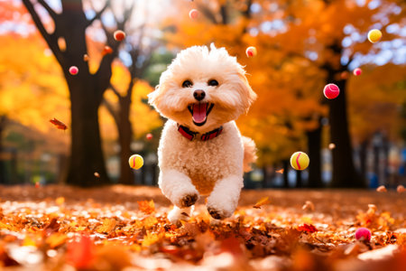 Small white dog running through park filled with leaves. Generative AI.の素材