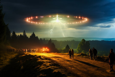 Group of people walking down dirt road under flying object. Generative AI.の素材