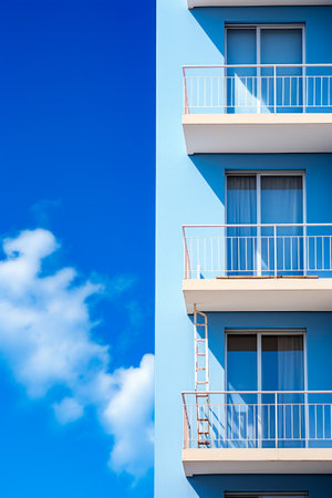 Tall blue building with balconies and balcony. Generative AI.の素材